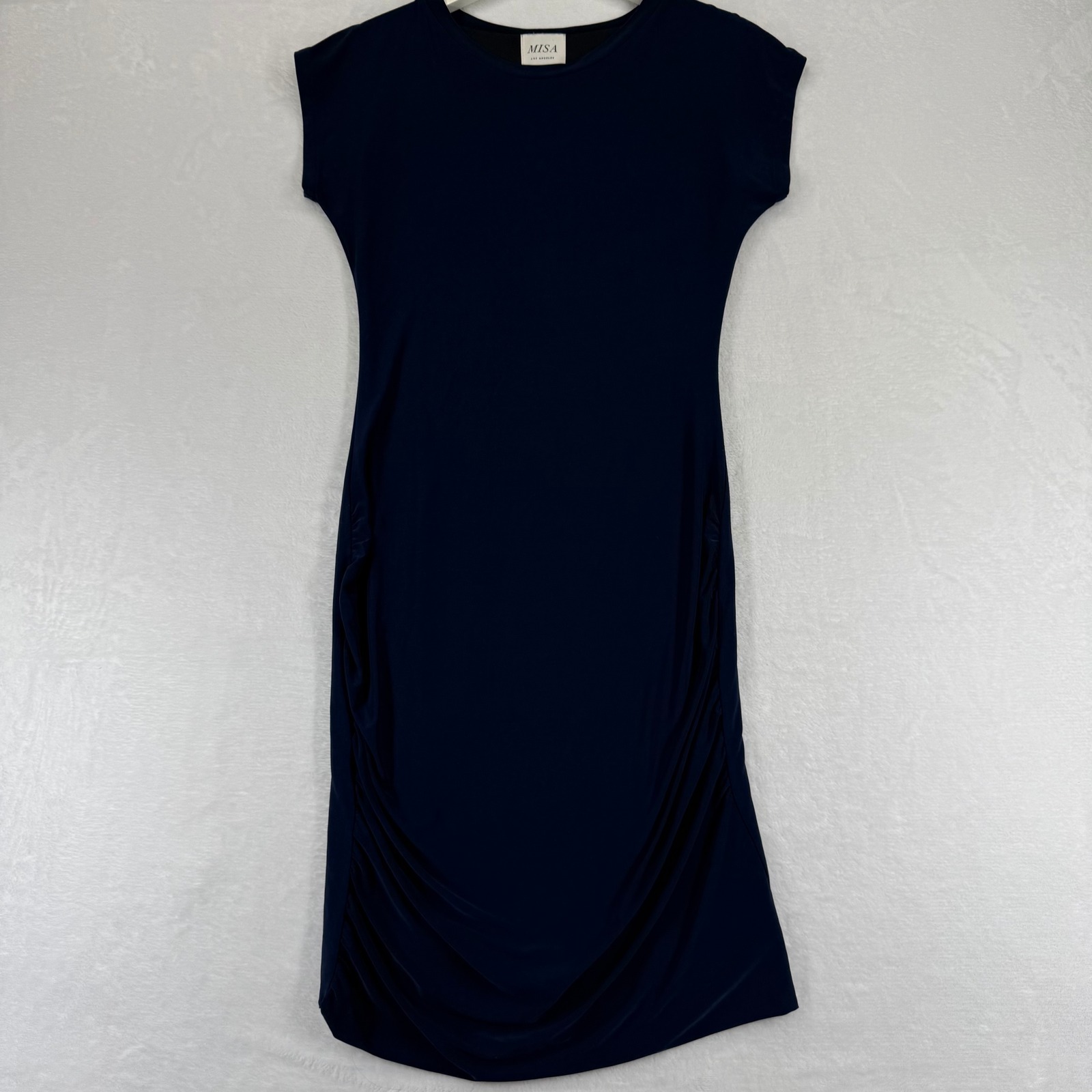 Misa Los Angeles Navy Blue Ruched Sheath Midi Dress Womens Xs Made In Usa
